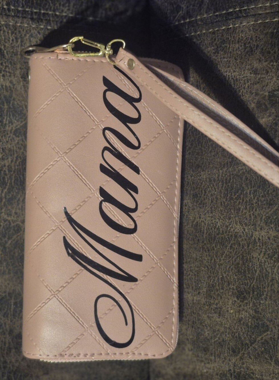 Quilted Wristlet Clutch in Blush Pink with Script Detail